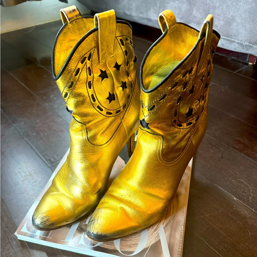 Rock 🌟 gold leather cowboy boots , Marc Jacobs size 37.5, size 7 us, 3” heel